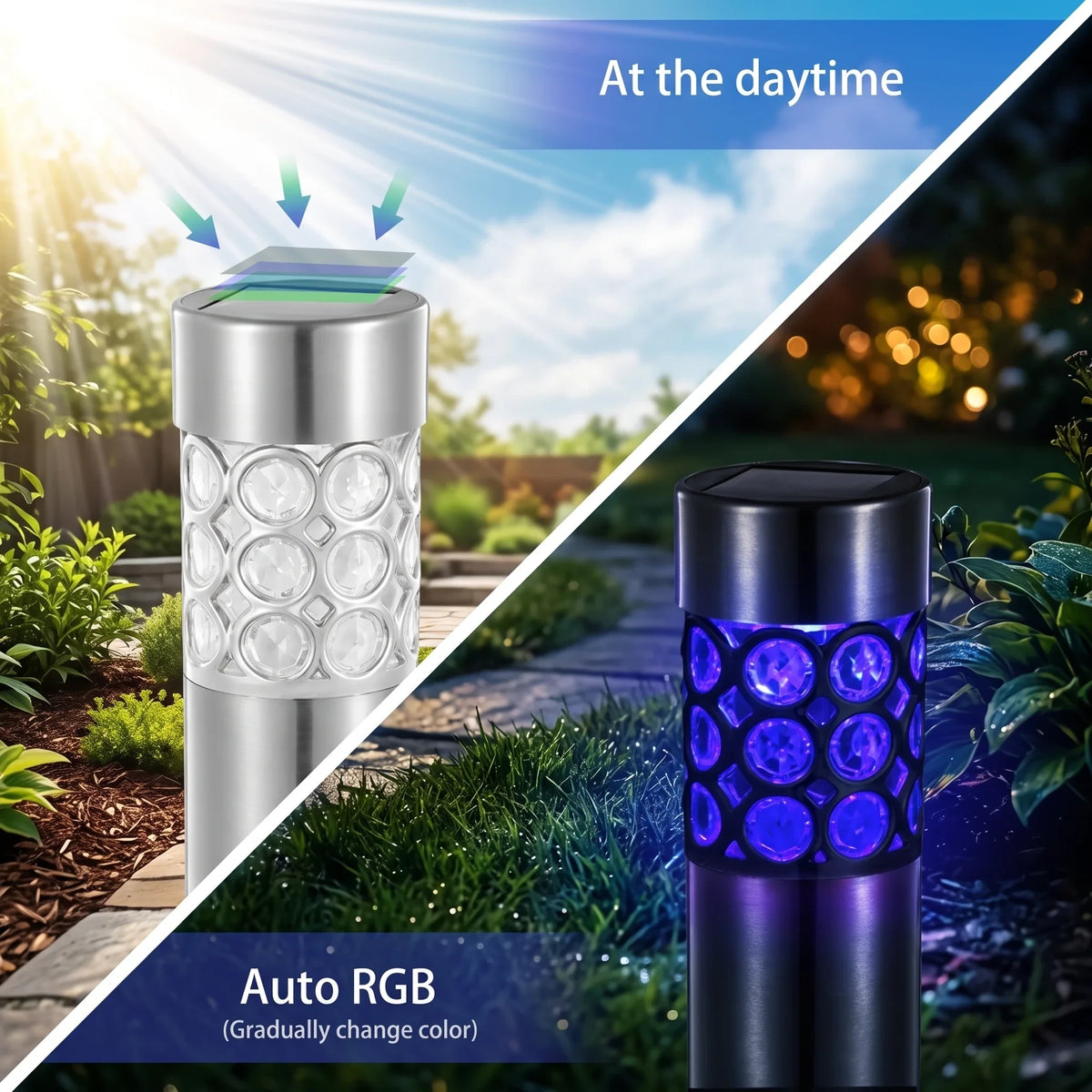 Zainzio RGB solar garden stake lights showing daytime stainless steel design and nighttime blue color-changing glow.