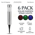 Zainzio 6-pack stainless steel RGB solar garden stake lights with color-changing LED patterns for outdoor pathways.