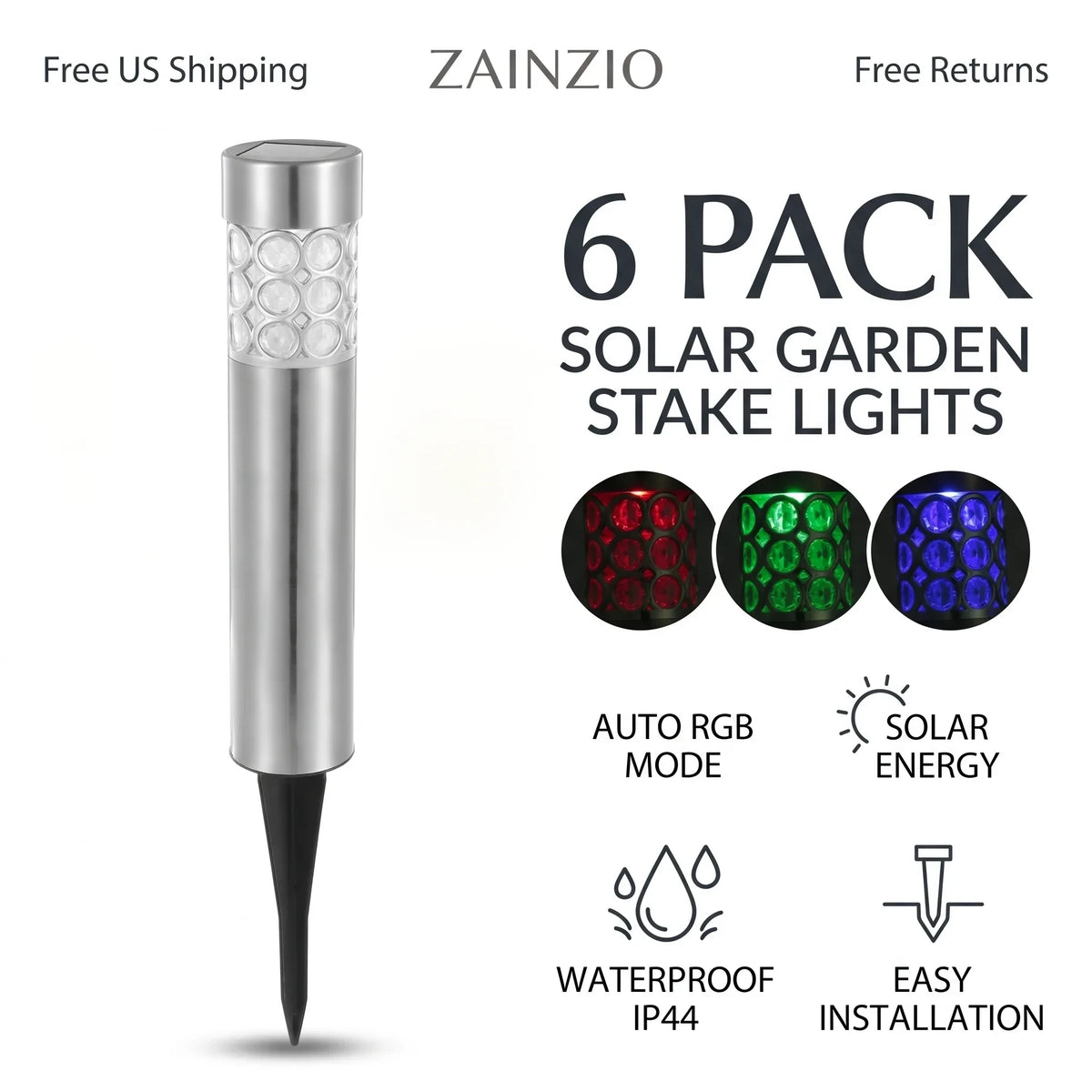 Zainzio 6-pack stainless steel RGB solar garden stake lights with color-changing LED patterns for outdoor pathways.