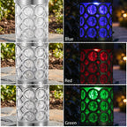 Zainzio RGB solar garden stake lights showing silver stainless steel texture and red, green, and blue light cycles.