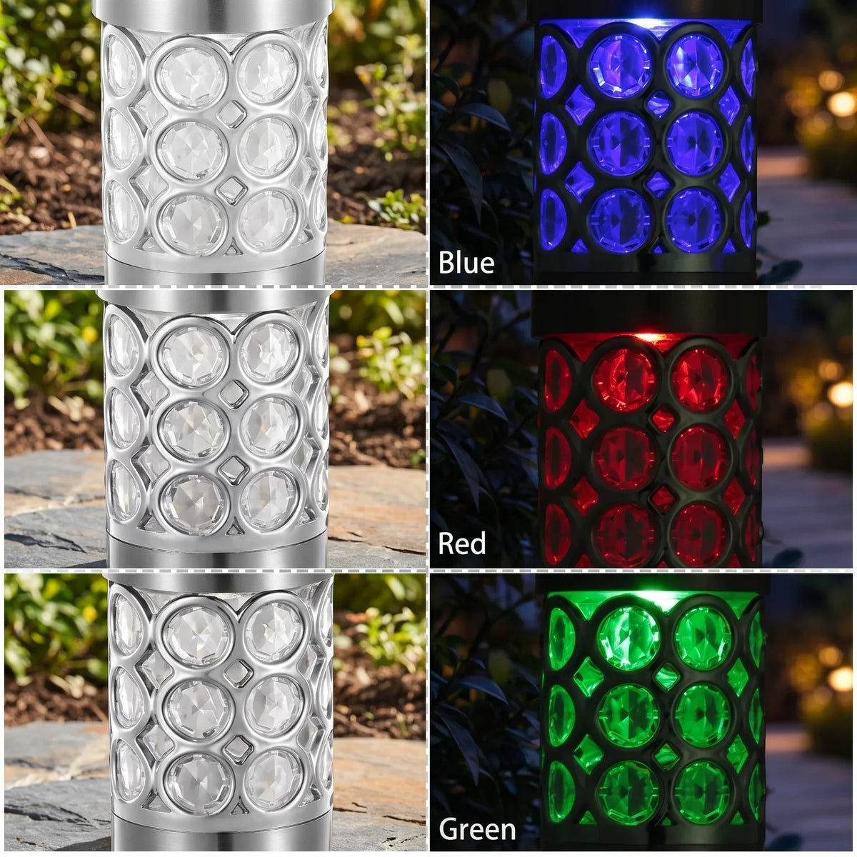 Zainzio RGB solar garden stake lights showing silver stainless steel texture and red, green, and blue light cycles.