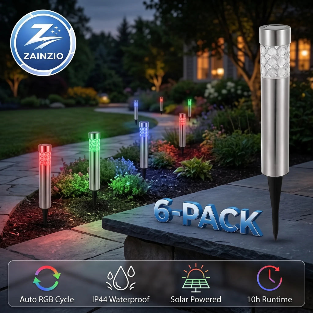 Zainzio 6-pack stainless steel RGB solar garden stake lights glowing with color-changing light along a backyard path.