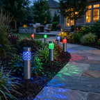 Zainzio RGB solar garden stake lights glowing with red, green, and blue colors along a stone pathway at night.