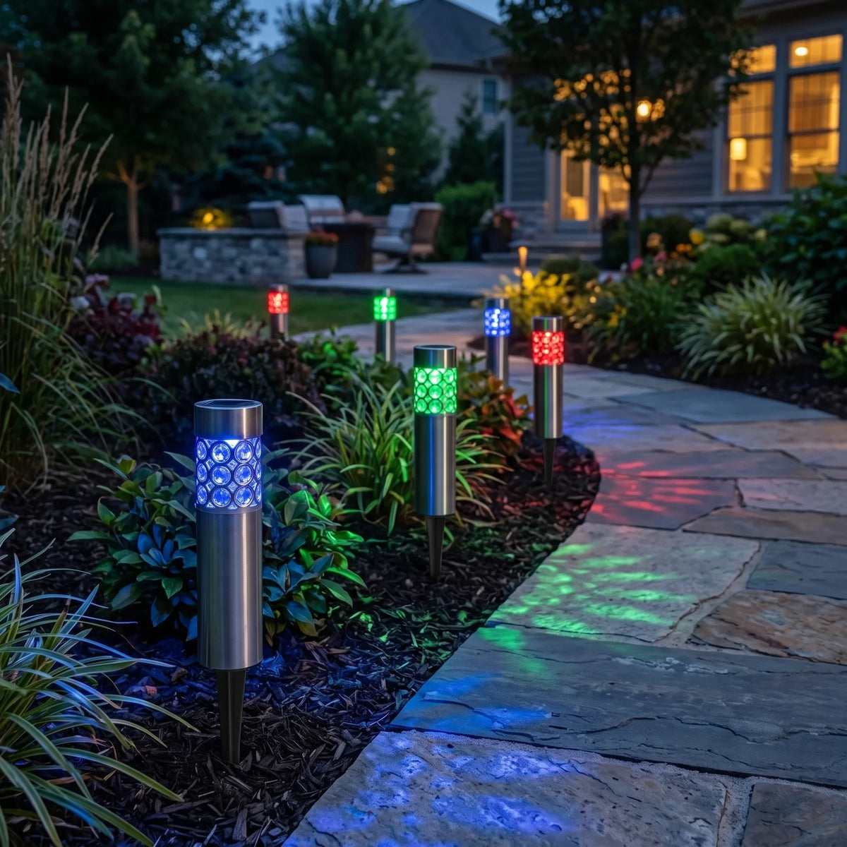 Zainzio RGB solar garden stake lights glowing with red, green, and blue colors along a stone pathway at night.
