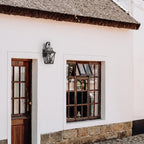 A white stucco building facade with a thatched roof edge, a dark wall lantern, a wooden door with glass panes, and a matching wooden multi-pane window set over a stone base.