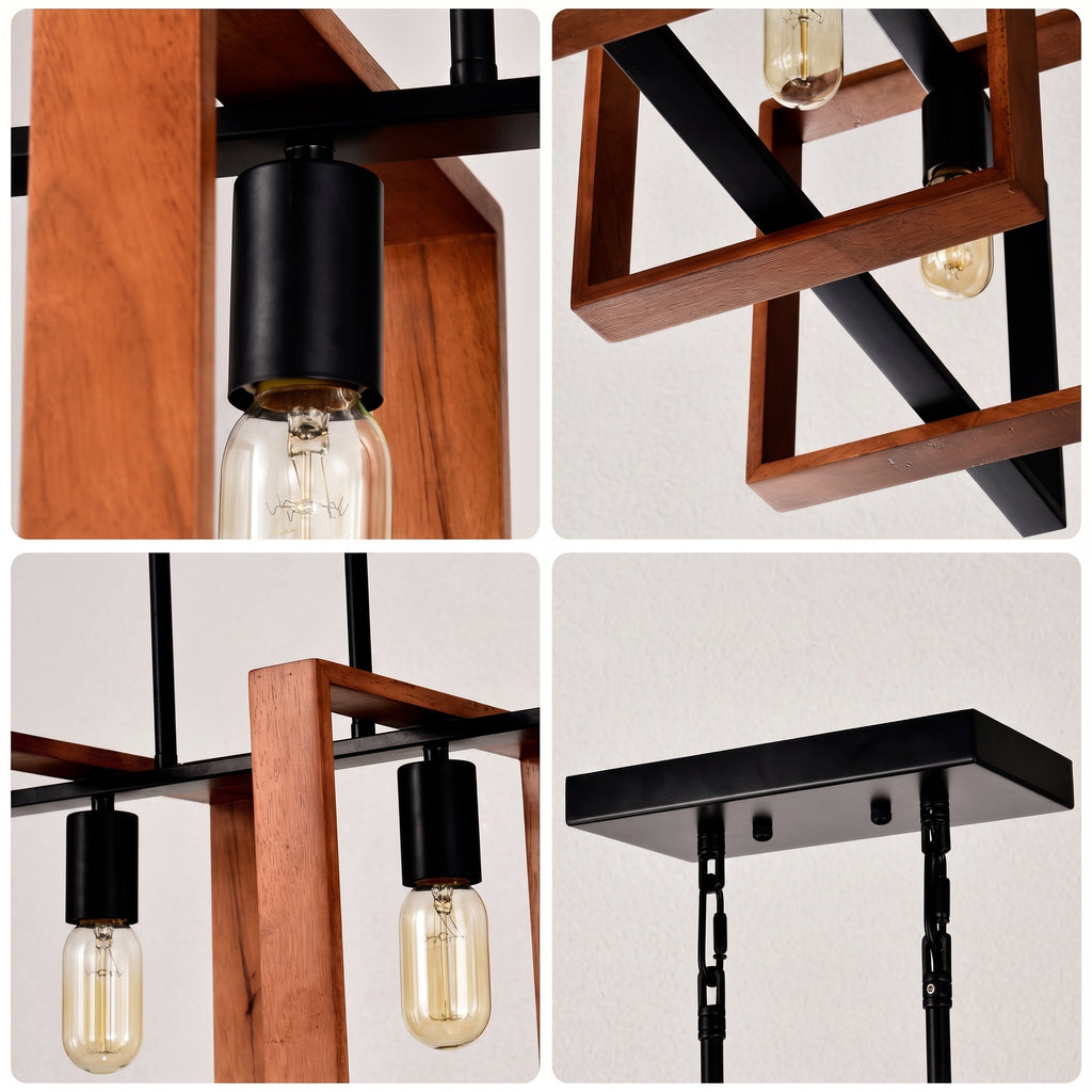 A four-panel collage showing close-up views of a hanging pendant light fixture with a warm wood frame, matte black metal hardware, and clear Edison-style bulb sockets.