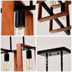 A four-panel collage showing close-up views of a hanging pendant light fixture with a warm wood frame, matte black metal hardware, and clear Edison-style bulb sockets.
