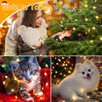 Three-panel collage showing warm white string lights on a Christmas tree with a woman and child, a tabby kitten, and a white dog. The top-left panel includes the text 'Safe to Touch' and the lights appear to be glowing fairy lights on thin wire.
