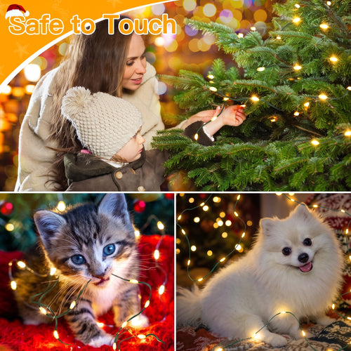Three-panel collage showing warm white string lights on a Christmas tree with a woman and child, a tabby kitten, and a white dog. The top-left panel includes the text 'Safe to Touch' and the lights appear to be glowing fairy lights on thin wire.