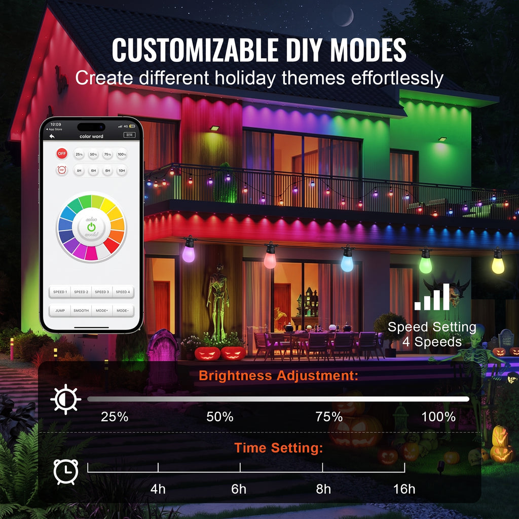 A house at night decorated with multicolor LED outdoor string lights and wall lights, with a smartphone app screen shown beside it. Large text reads 'CUSTOMIZABLE DIY MODES' and 'Create different holiday themes effortlessly,' with additional controls for brightness adjustment and time setting overlaid at the bottom.