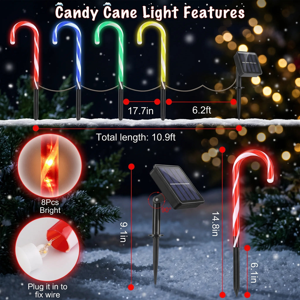 Detailed product dimensions, stake height, spacing, and total length specifications for Zainzio 4-pack solar candy cane pathway stake lights.