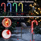 Detailed product dimensions, stake height, spacing, and total length specifications for Zainzio 4-pack solar candy cane pathway stake lights.