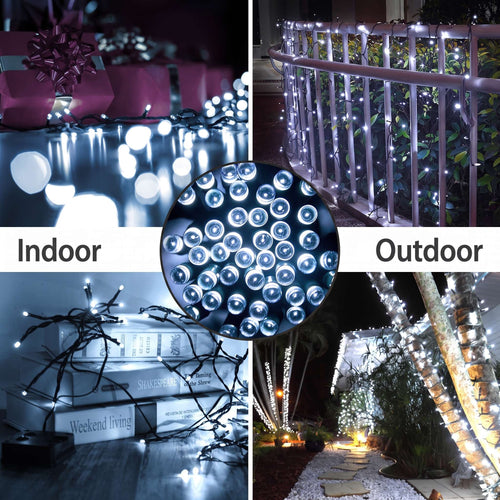 Zainzio 39ft solar fairy string lights with 100 cool white LEDs, shown in indoor and outdoor decorative settings.