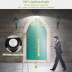 Motion detector light with 180-degree lighting angle and 120-degree sensor angle on a stone wall background.