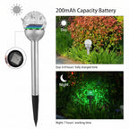 Solar garden stake light with a clear faceted globe head, silver metal pole, black pointed stake, and inset showing the solar panel. Text reads '200mAh Capacity Battery' and includes daytime and nighttime garden usage photos on a white background.