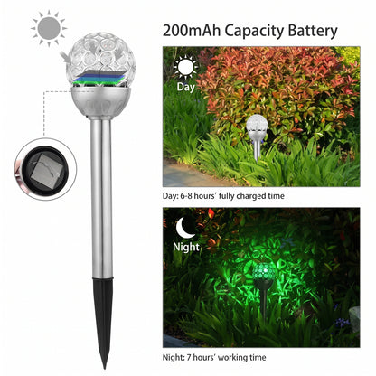 Solar garden stake light with a clear faceted globe head, silver metal pole, black pointed stake, and inset showing the solar panel. Text reads '200mAh Capacity Battery' and includes daytime and nighttime garden usage photos on a white background.