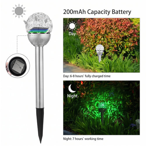 Solar garden stake light with a clear faceted globe head, silver metal pole, black pointed stake, and inset showing the solar panel. Text reads '200mAh Capacity Battery' and includes daytime and nighttime garden usage photos on a white background.