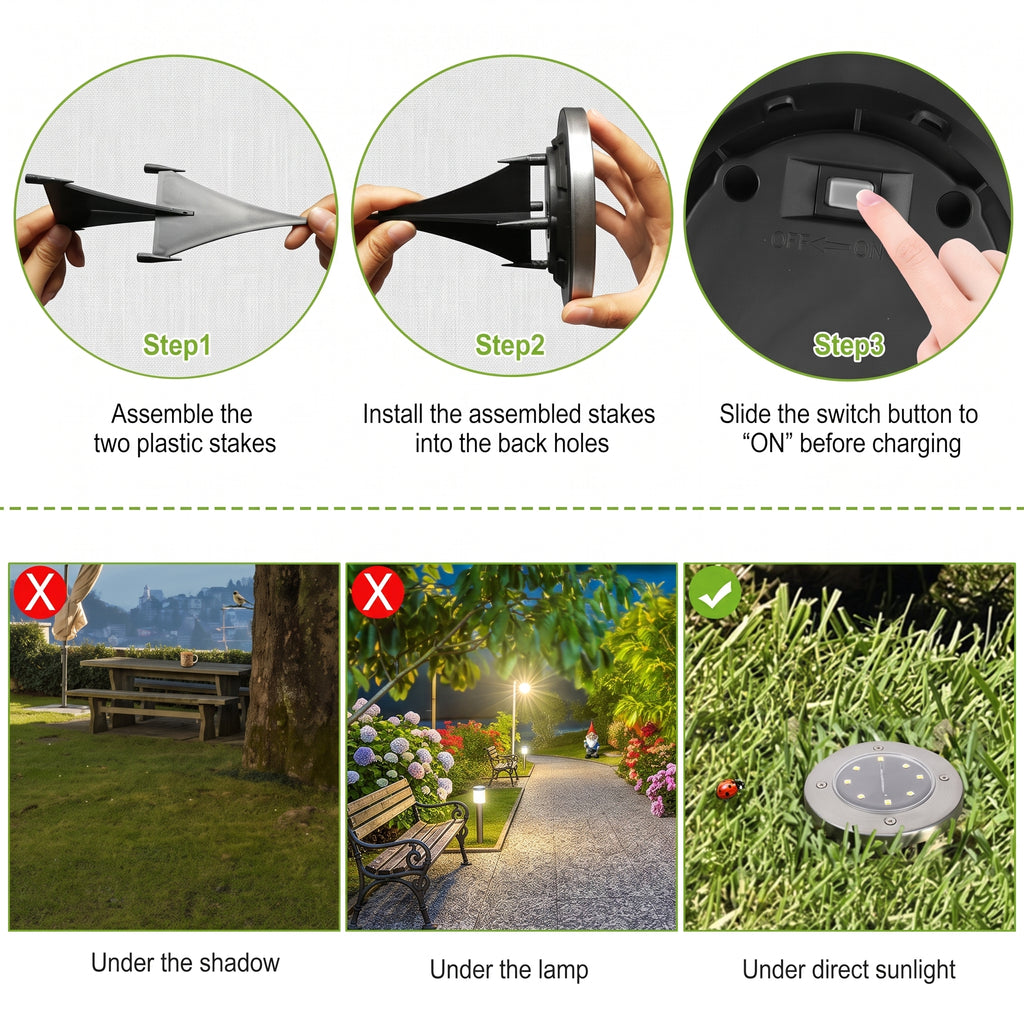 Instructional graphic showing how to assemble and use a solar garden stake light. The top row shows three circular steps: assembling the plastic stake, installing it into a back hole, and sliding a switch button to 'ON'.
