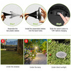 Instructional graphic showing how to assemble and use a solar garden stake light. The top row shows three circular steps: assembling the plastic stake, installing it into a back hole, and sliding a switch button to 'ON'.