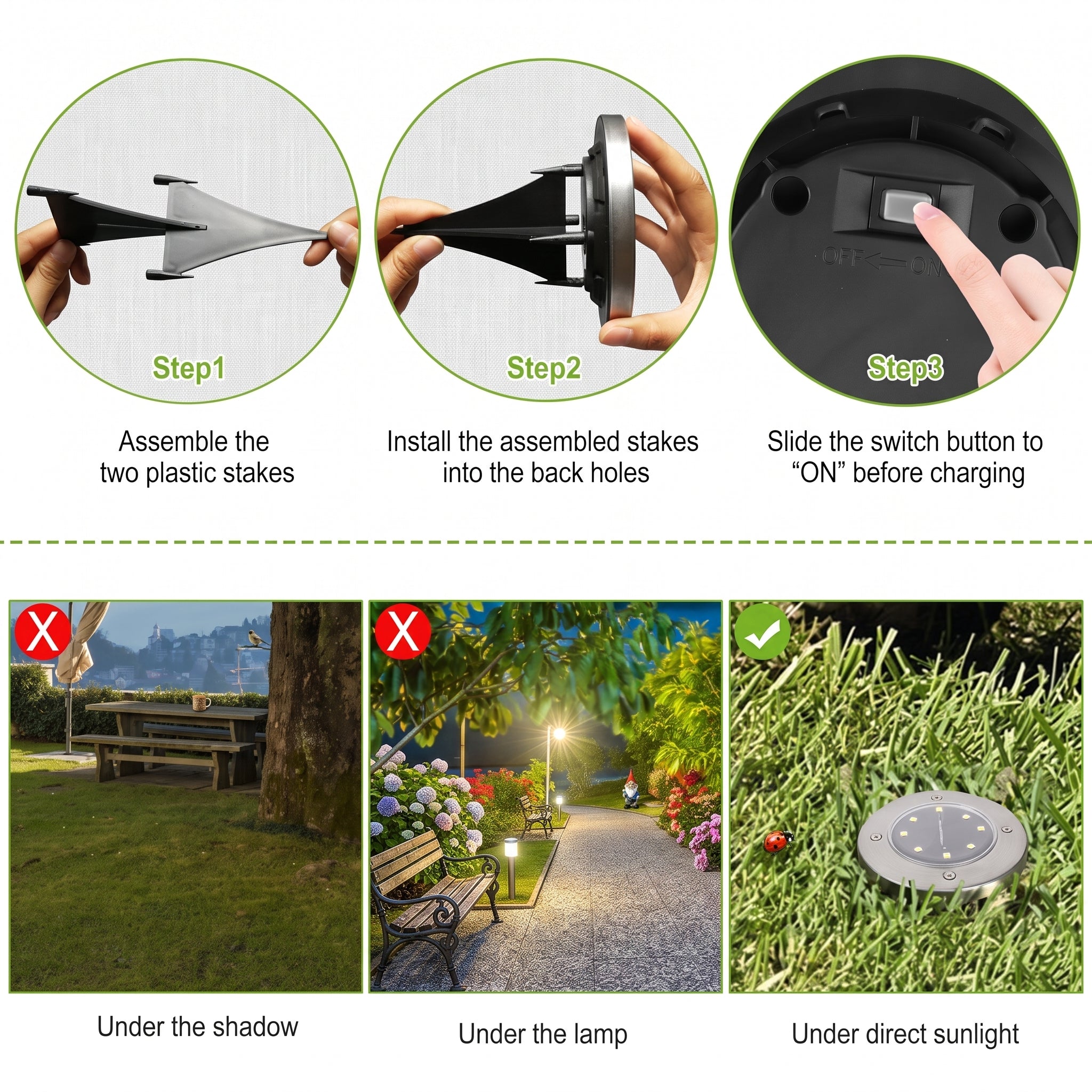 Instructional graphic showing how to assemble and use a solar garden stake light. The top row shows three circular steps: assembling the plastic stake, installing it into a back hole, and sliding a switch button to 'ON'.