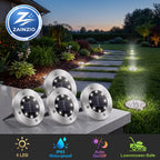 Five ZAINZIO solar-powered outdoor landscape lights shown in a garden setting, with a product logo in the top-left and feature icons along the bottom.