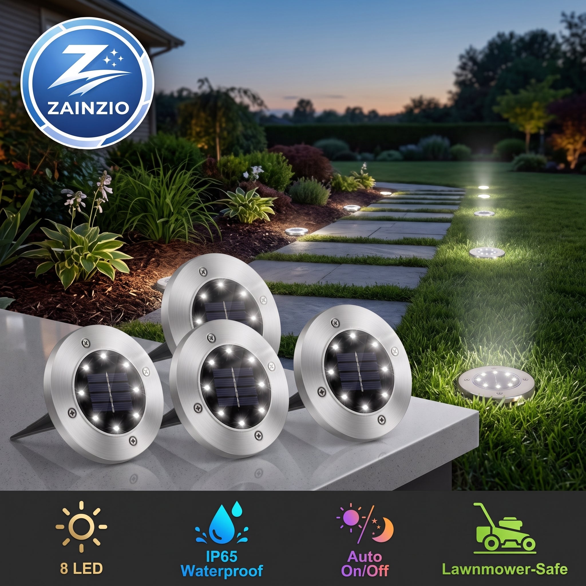 Five ZAINZIO solar-powered outdoor landscape lights shown in a garden setting, with a product logo in the top-left and feature icons along the bottom.