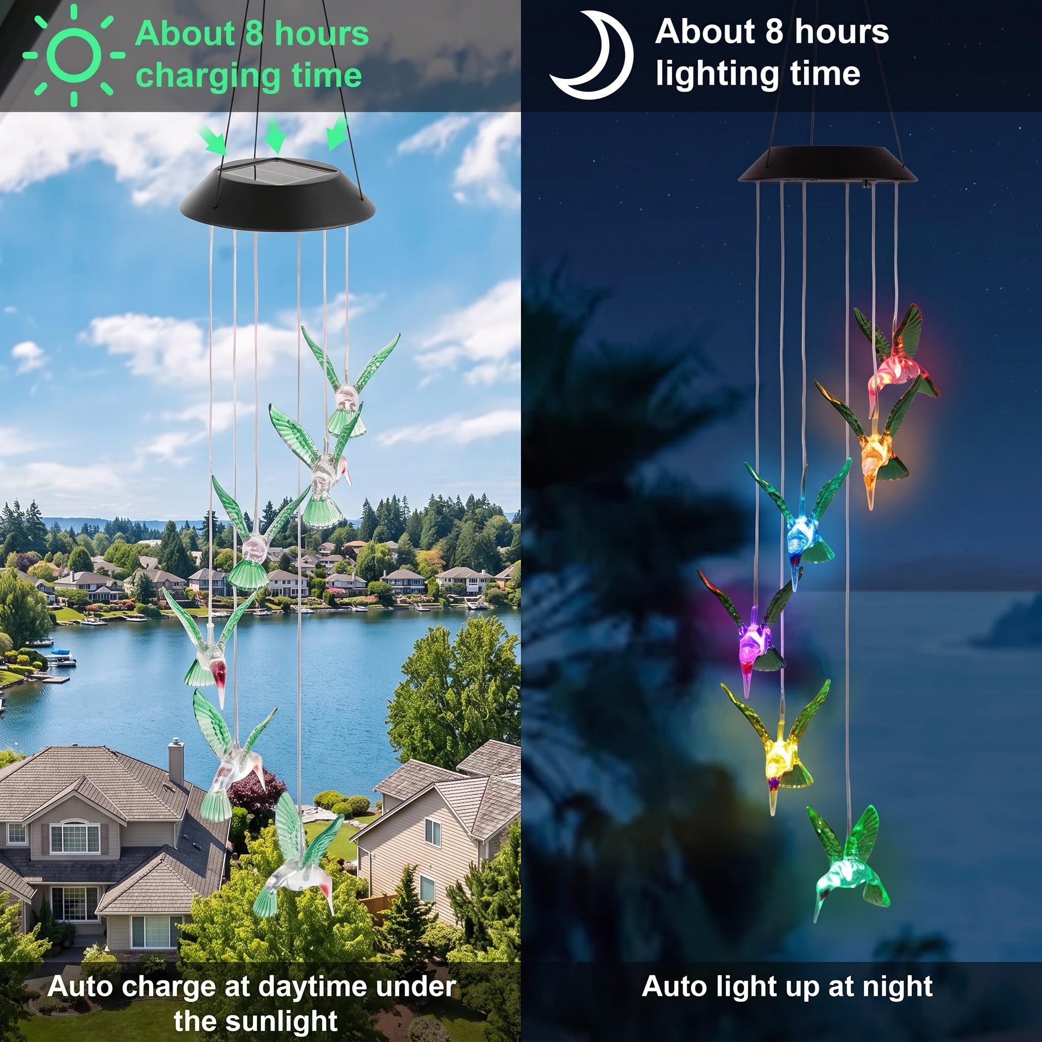 Solar butterfly garden wind spinner shown in a split daylight and nighttime comparison. The left side shows the wind spinner hanging outdoors by a lake with houses in the background, with text noting about 8 hours charging time.