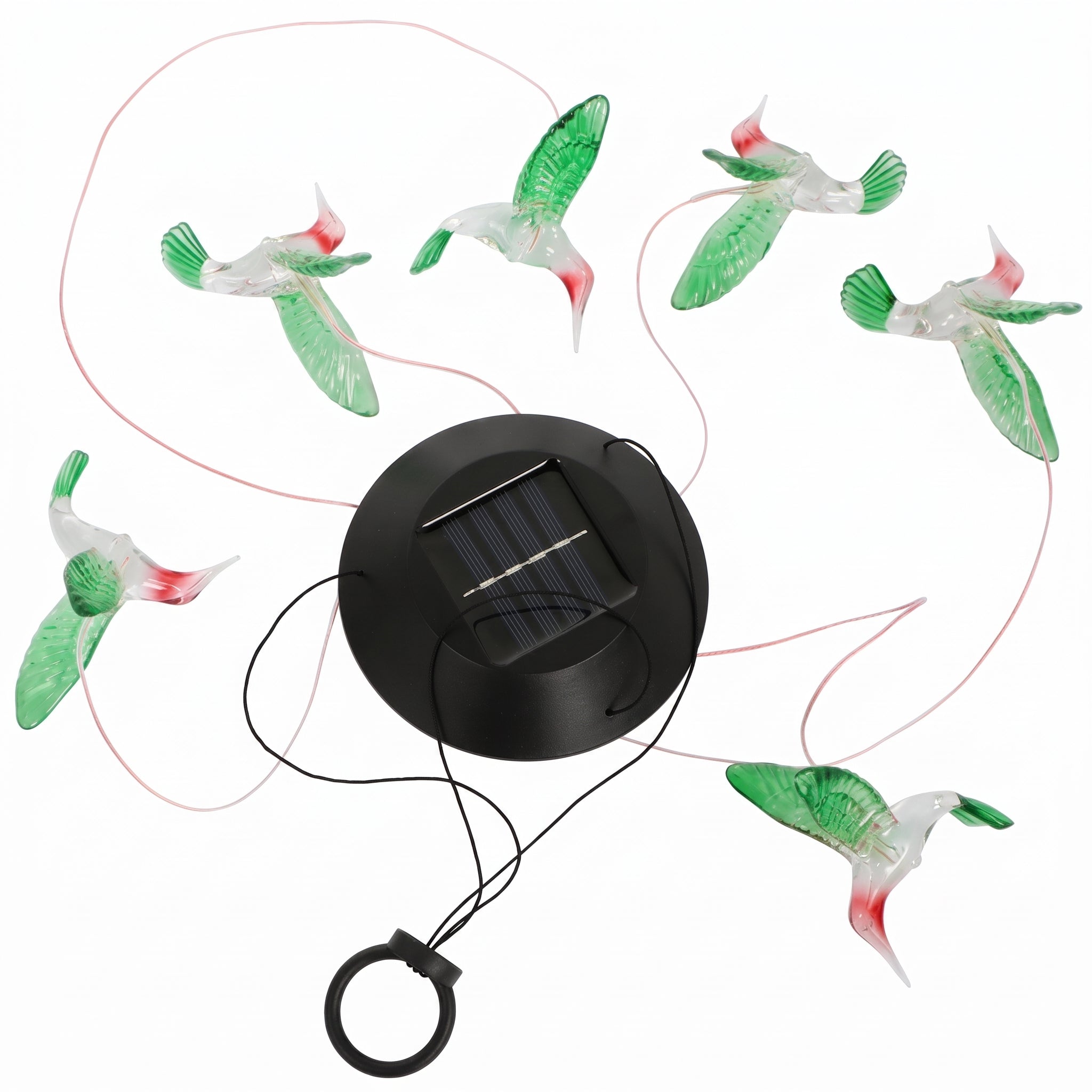 Solar-powered LED hummingbird string lights on a white background