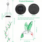 Solar-powered hummingbird wind chime with detailed product dimensions and feature callouts, including a hanging hook, circular solar panel views, and a close-up of the green and clear hummingbird figure.