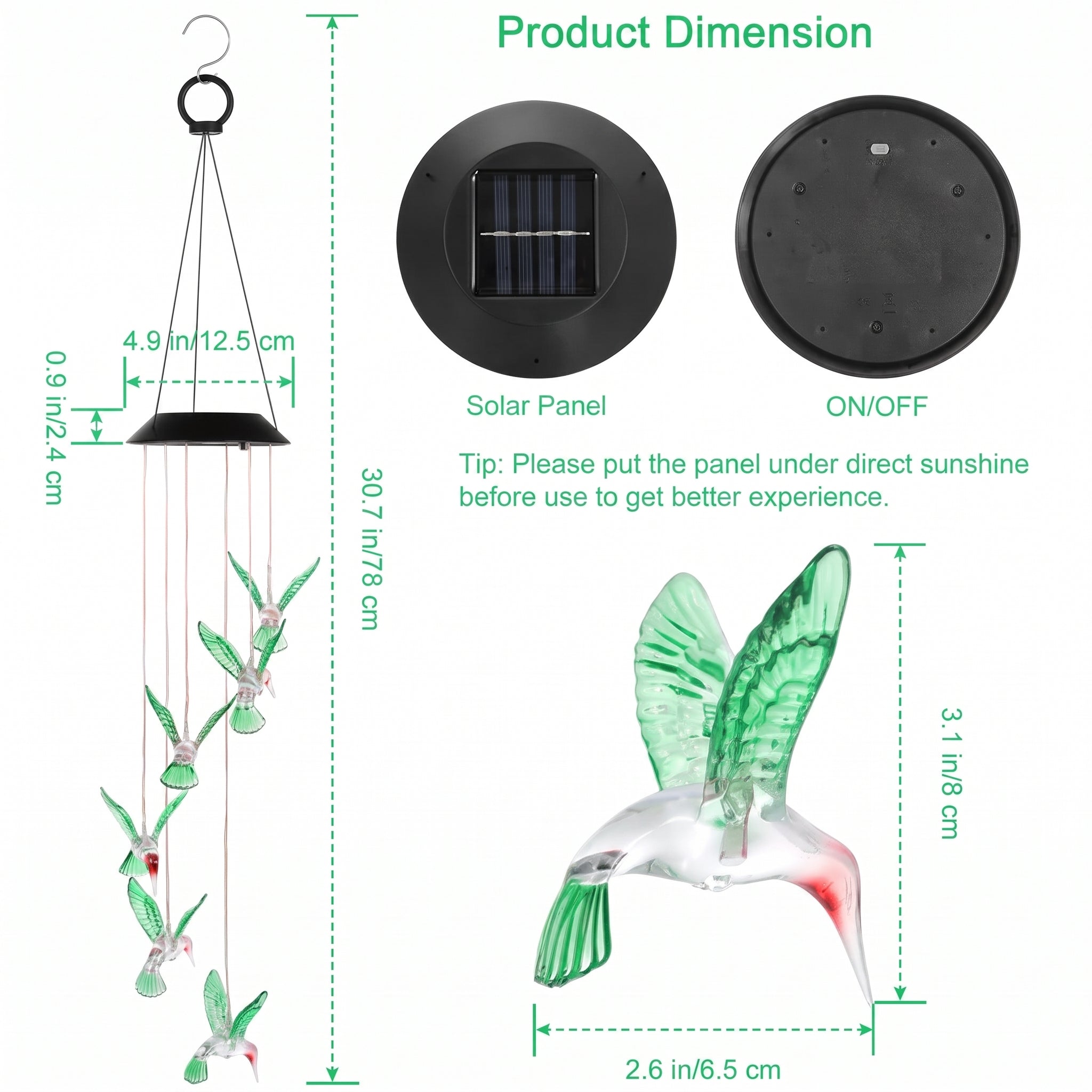Solar-powered hummingbird wind chime with detailed product dimensions and feature callouts, including a hanging hook, circular solar panel views, and a close-up of the green and clear hummingbird figure.