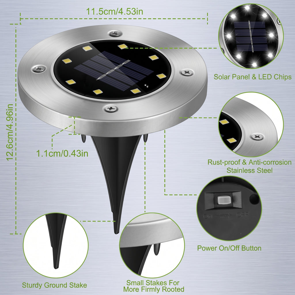 Solar garden stake light with dimension annotations and feature callouts on a brushed metal background. The product has a round brushed silver top with a black solar panel and LED chip face, and a black ground stake.