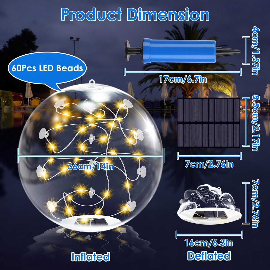 Inflatable solar LED globe string lights shown with dimension labels for both inflated and deflated states, including a blue pump, solar panel, and 60 LED beads, on a dark nighttime outdoor background.