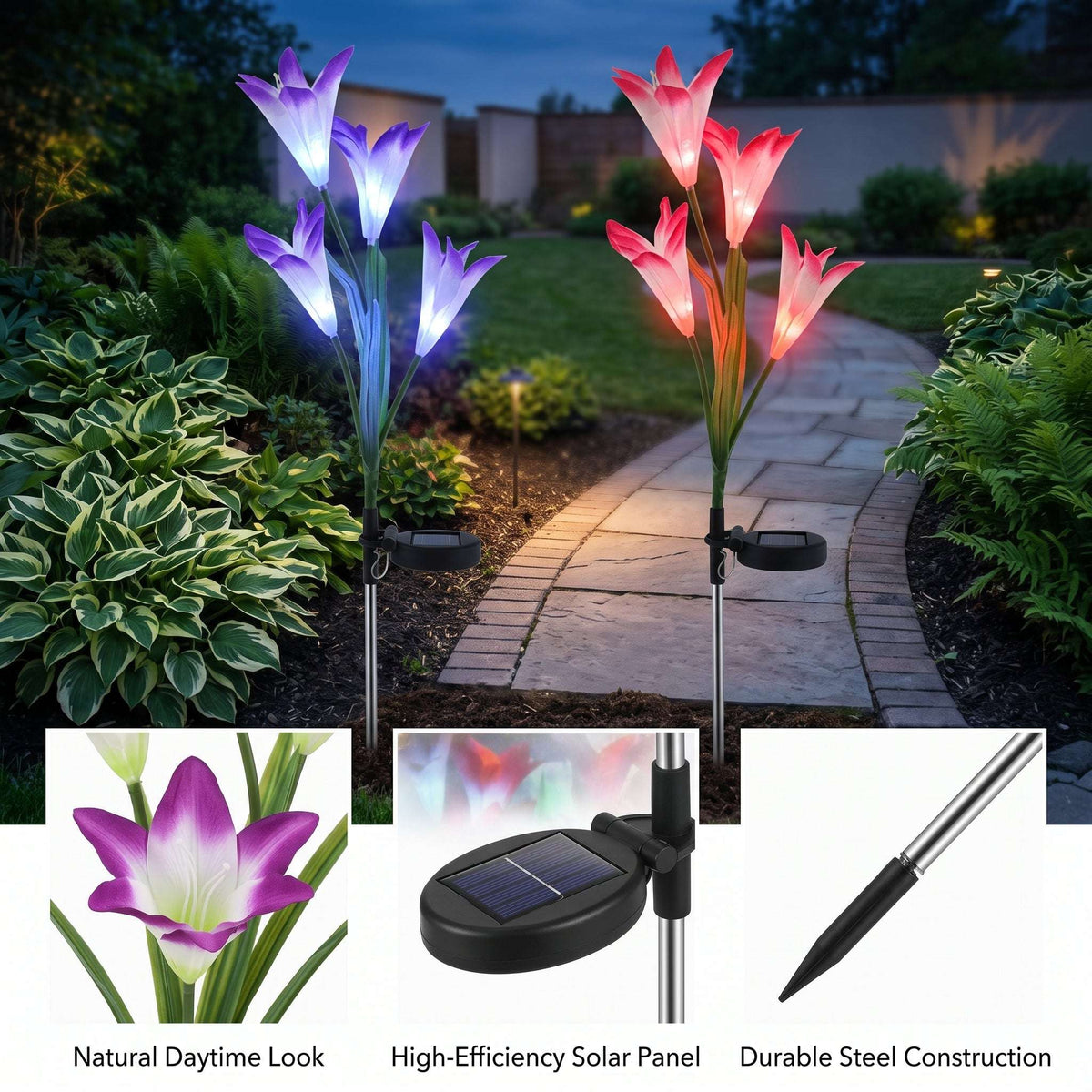 Zainzio solar lily lights with color-changing LED blooms in pink and purple, featuring solar panels and ground stakes.