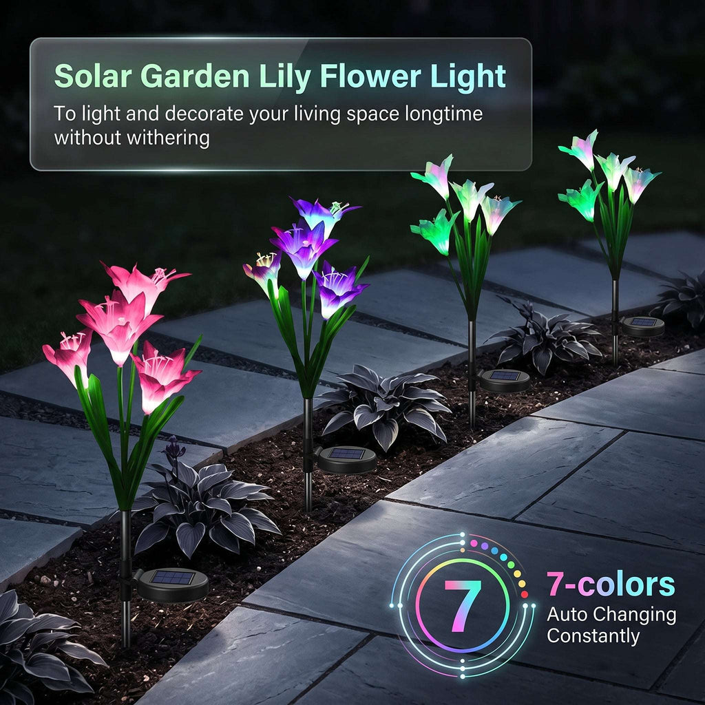Zainzio solar lily garden lights with color-changing LED blooms in pink and purple along a stone walkway at night.