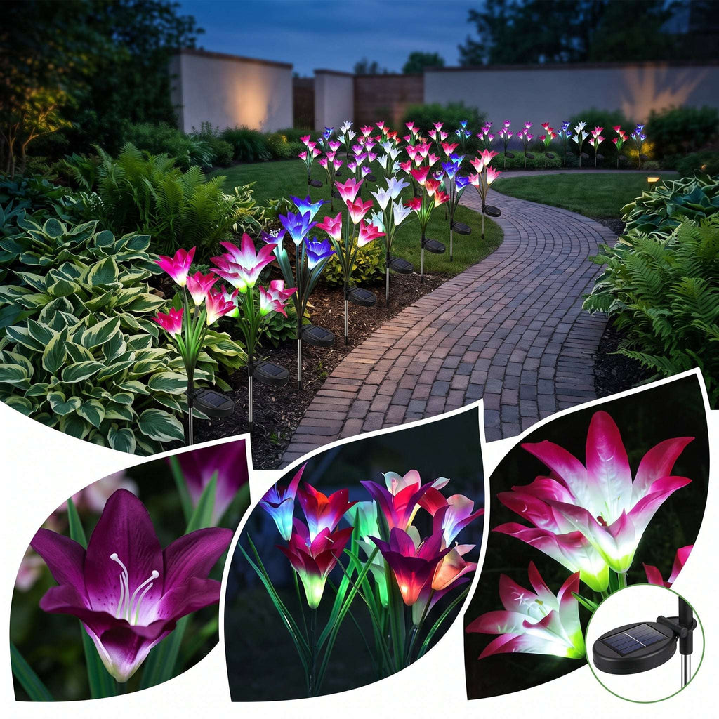 Zainzio solar lily lights with color-changing pink and purple fabric petals illuminating a garden pathway at night.