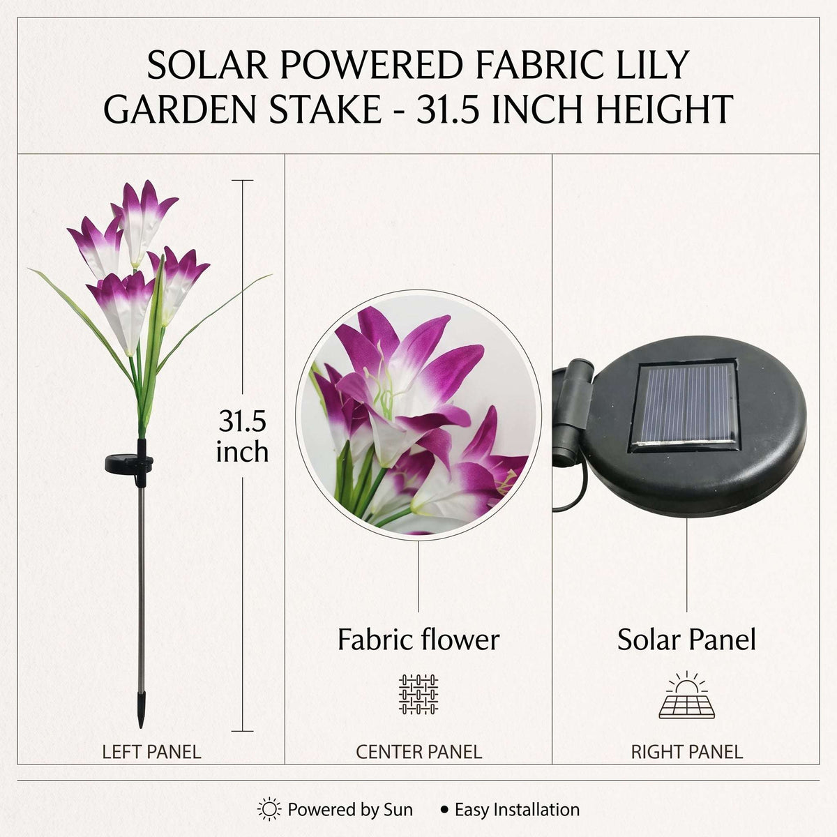 Zainzio solar lily garden stake features pink and purple fabric flowers, a solar panel, and 31.5-inch height.