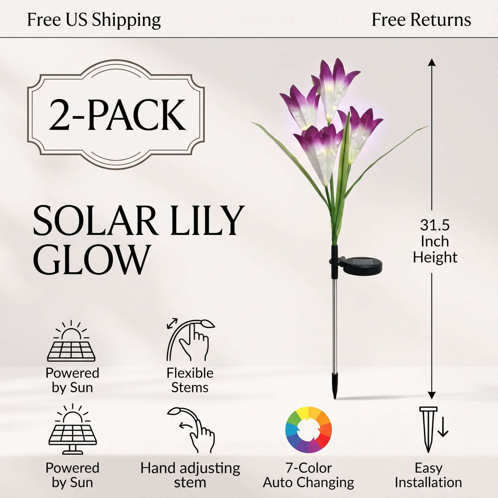 Zainzio 2-pack solar lily garden lights with color-changing fabric flowers, flexible stems, and solar panel stake.
