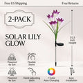Zainzio 2-pack solar lily garden lights with color-changing fabric flowers, flexible stems, and solar panel stake.