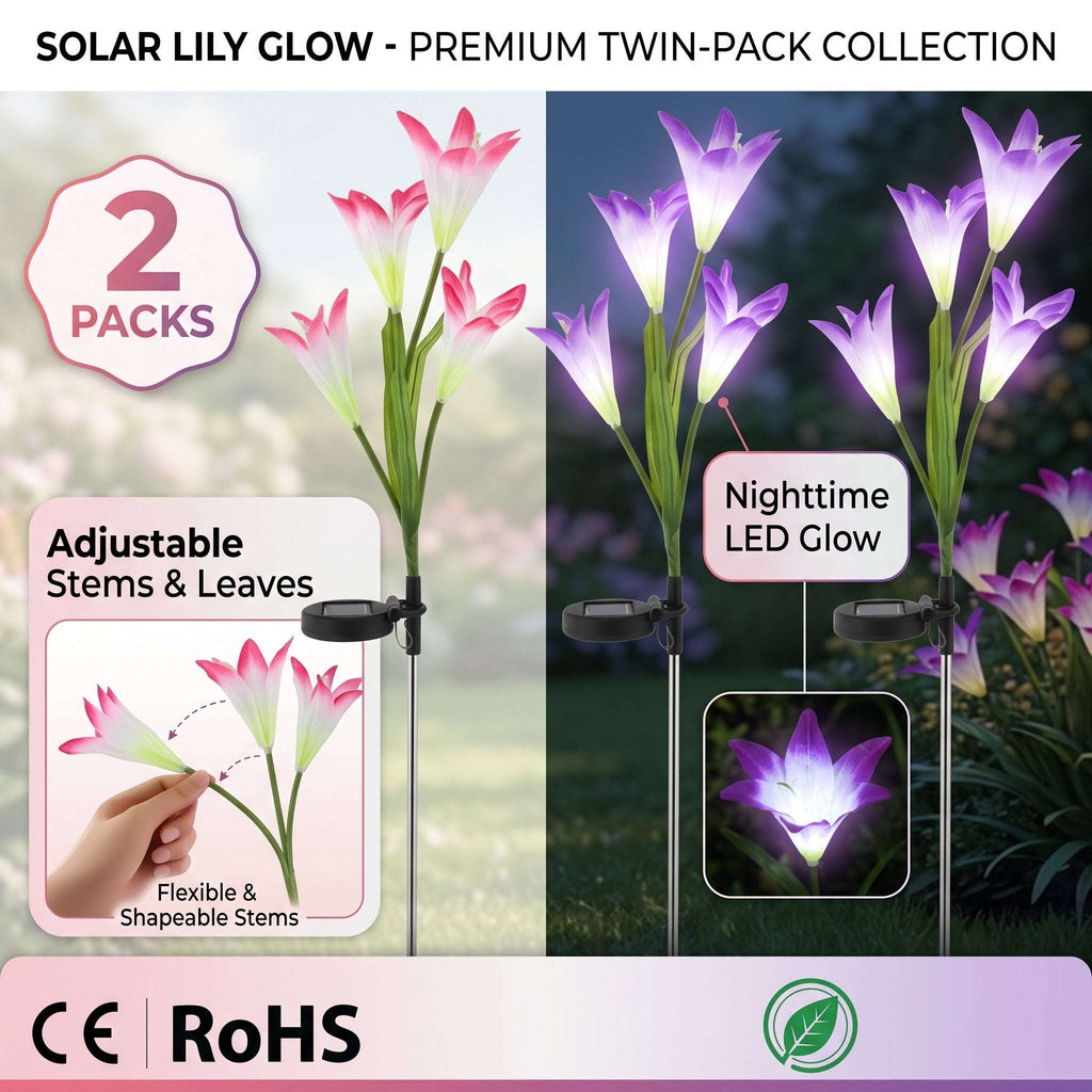 Zainzio 2-pack solar lily lights with pink and purple fabric petals, adjustable stems, and color-changing LED glow.