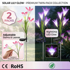 Zainzio 2-pack solar lily lights with pink and purple fabric petals, adjustable stems, and color-changing LED glow.