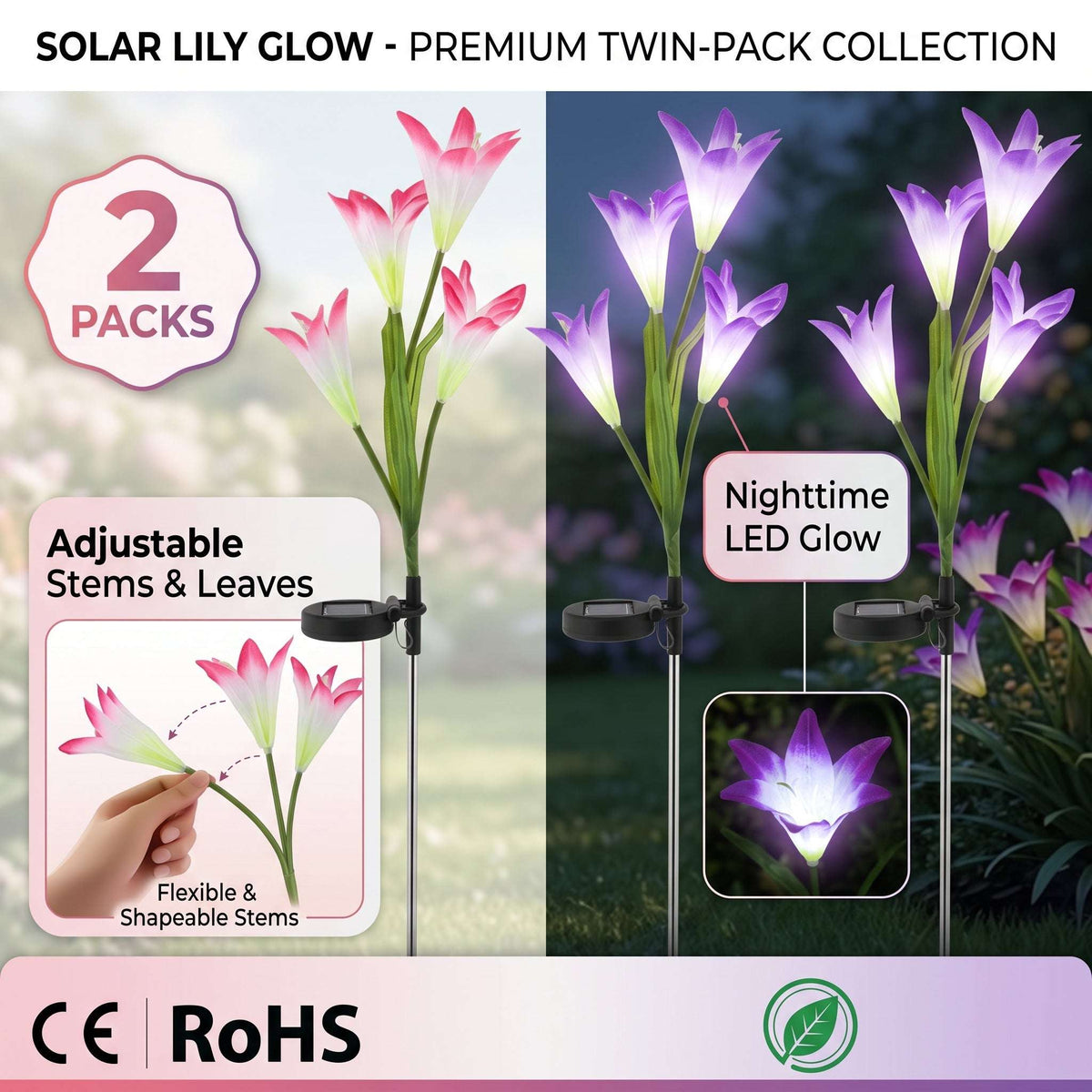 Zainzio 2-pack solar lily lights with pink and purple fabric petals, adjustable stems, and color-changing LED glow.