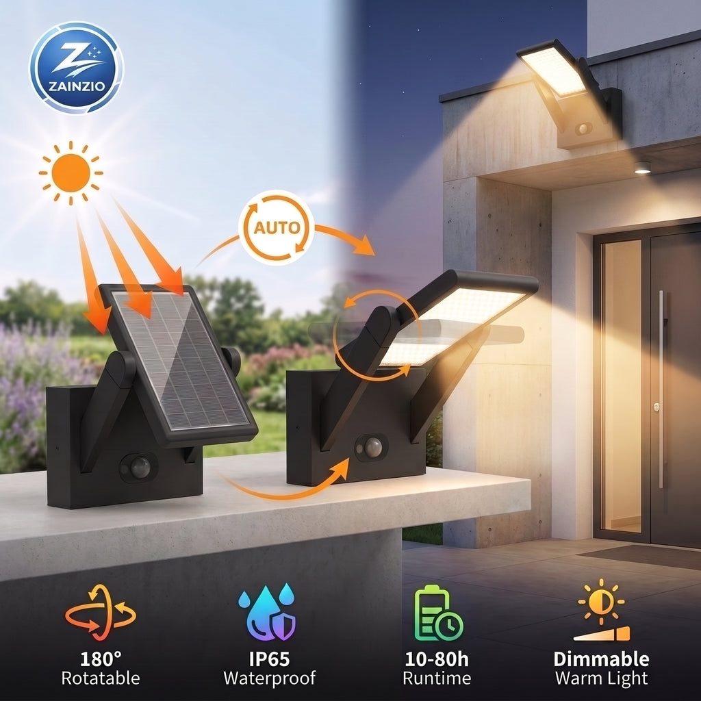 Solar-powered outdoor wall light shown in two views: one with the solar panel facing sunlight and one with the light turned on beside a modern house. The image includes feature icons and text for 180° rotatable, IP65 waterproof, 10-80h runtime, and dimmable warm light, with a ZAINZIO brand logo at top left.