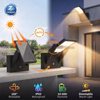 Solar-powered outdoor wall light shown in two views: one with the solar panel facing sunlight and one with the light turned on beside a modern house. The image includes feature icons and text for 180° rotatable, IP65 waterproof, 10-80h runtime, and dimmable warm light, with a ZAINZIO brand logo at top left.