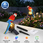 Solar LED parrot garden lights shown with their black solar panels and stakes on a patio at dusk, with a garden background. Features a ZAINZIO brand logo in the top left and feature icons along the bottom.