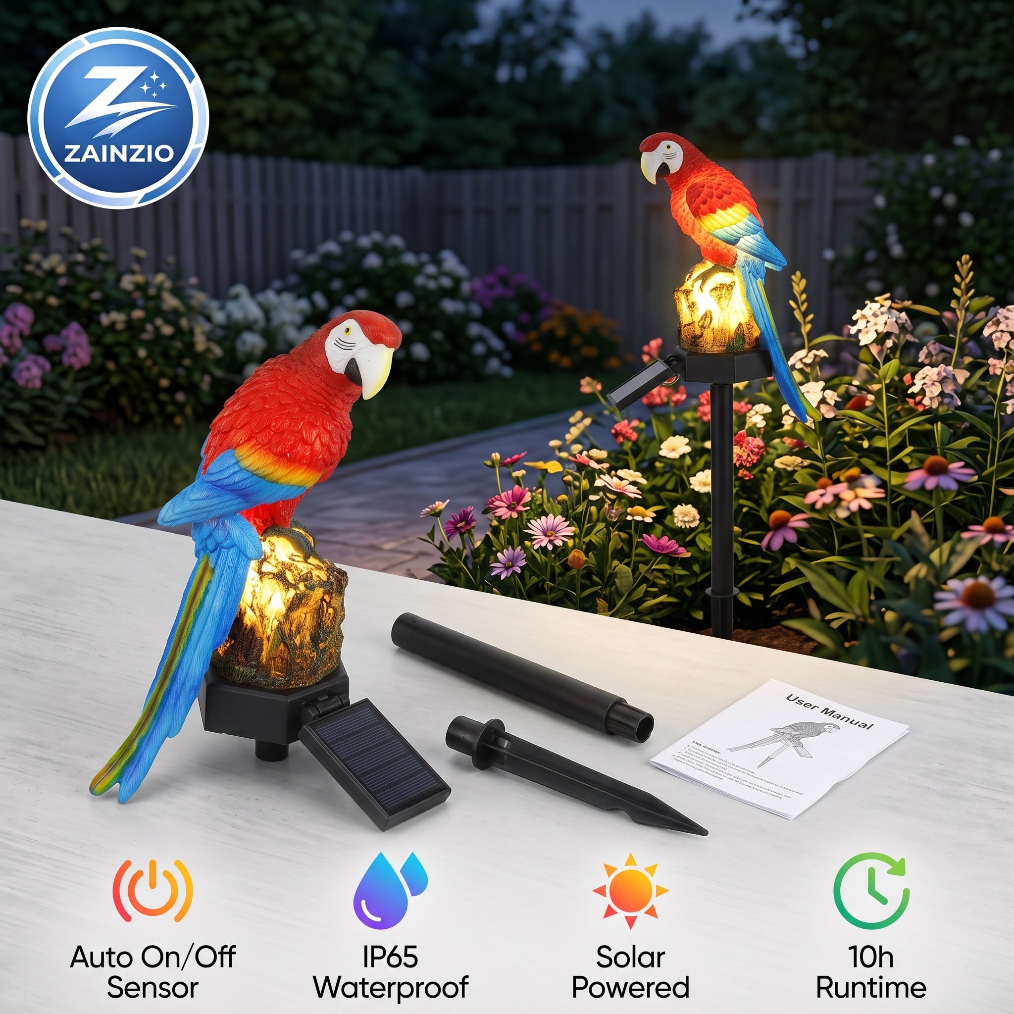 Solar LED parrot garden lights shown with their black solar panels and stakes on a patio at dusk, with a garden background. Features a ZAINZIO brand logo in the top left and feature icons along the bottom.