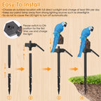 Instructional graphic showing how to install a solar pet lamp stake in four steps on a light wood background, with text about charging and two blue parrot illustrations perched on the lamp.