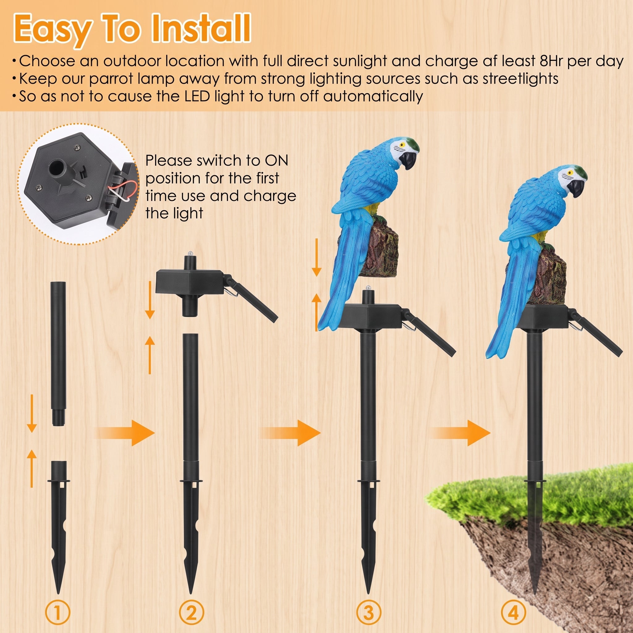 Instructional graphic showing how to install a solar pet lamp stake in four steps on a light wood background, with text about charging and two blue parrot illustrations perched on the lamp.