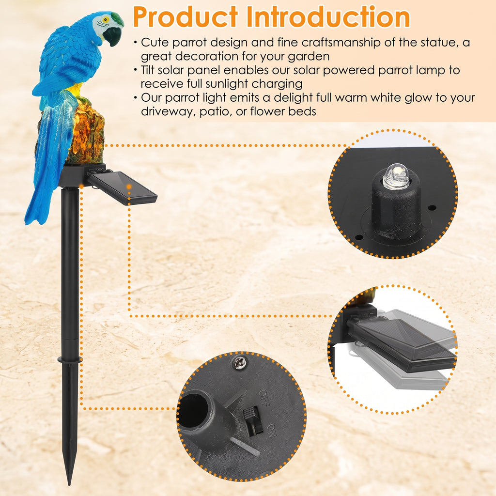 Solar-powered parrot lamp with a blue and yellow parrot statue on a black stake, shown with feature callout diagrams and text on a beige background.