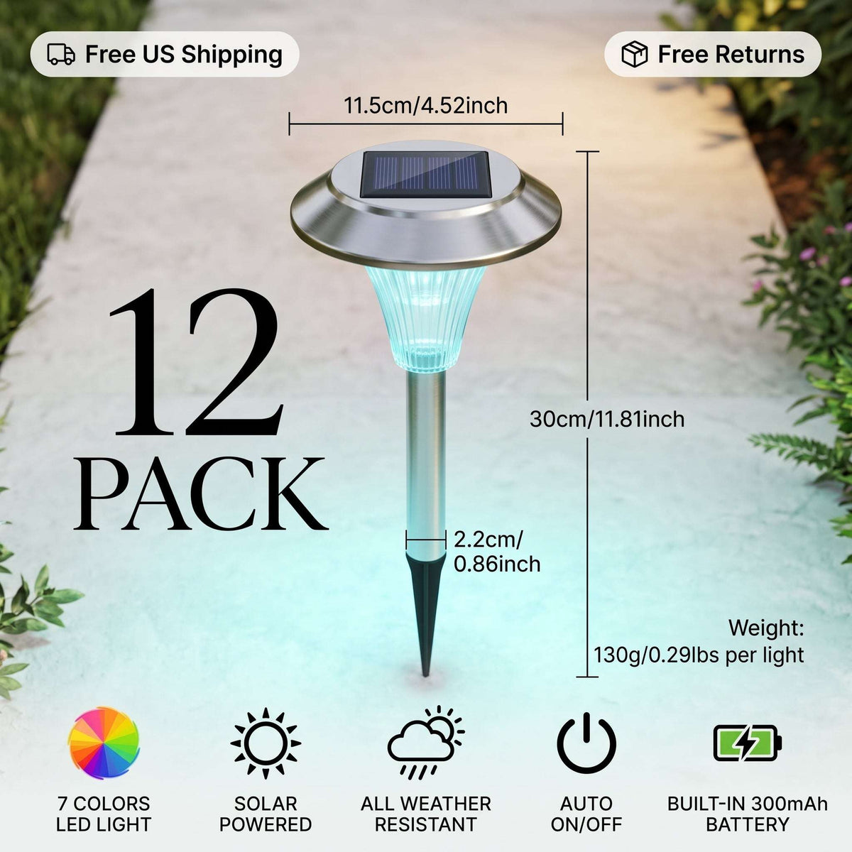 Zainzio 12-Pack Color-Changing Solar Pathway Lights – 7-Color LED Zainzio