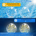 Solar-powered transparent bubble string lights shown underwater in a pool, with text explaining auto charging during the day and auto lighting at night.